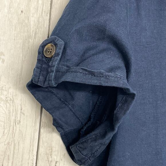 Mango Linen Navy Blue Short Sleeve V Neck Belted Knee Length Preppy Money Dress - Picture 5 of 11